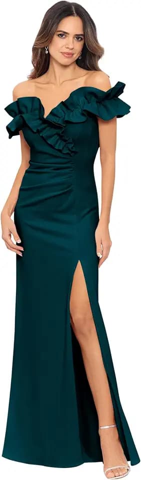 Xscape Womens Long Stretch Scuba Crepe Ruffle Collar Ruched DressSpecial Occasion Dress