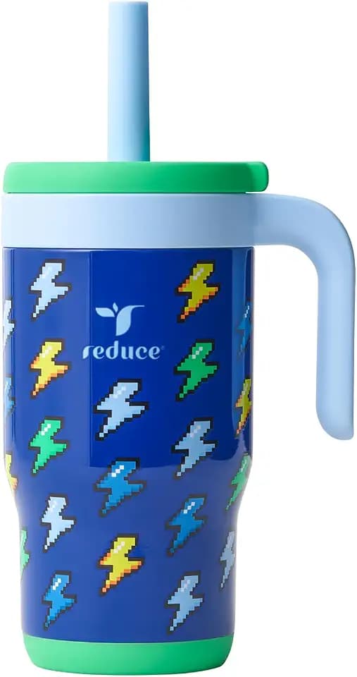 REDUCE CHILLER Travel Mug - 14 oz Insulated Stainless Steel Kids Tumbler with Spill-Proof Silicone Straw, Stays Cold 18 Hours, Dishwasher Safe – for School & Travel - Lightning Bolt