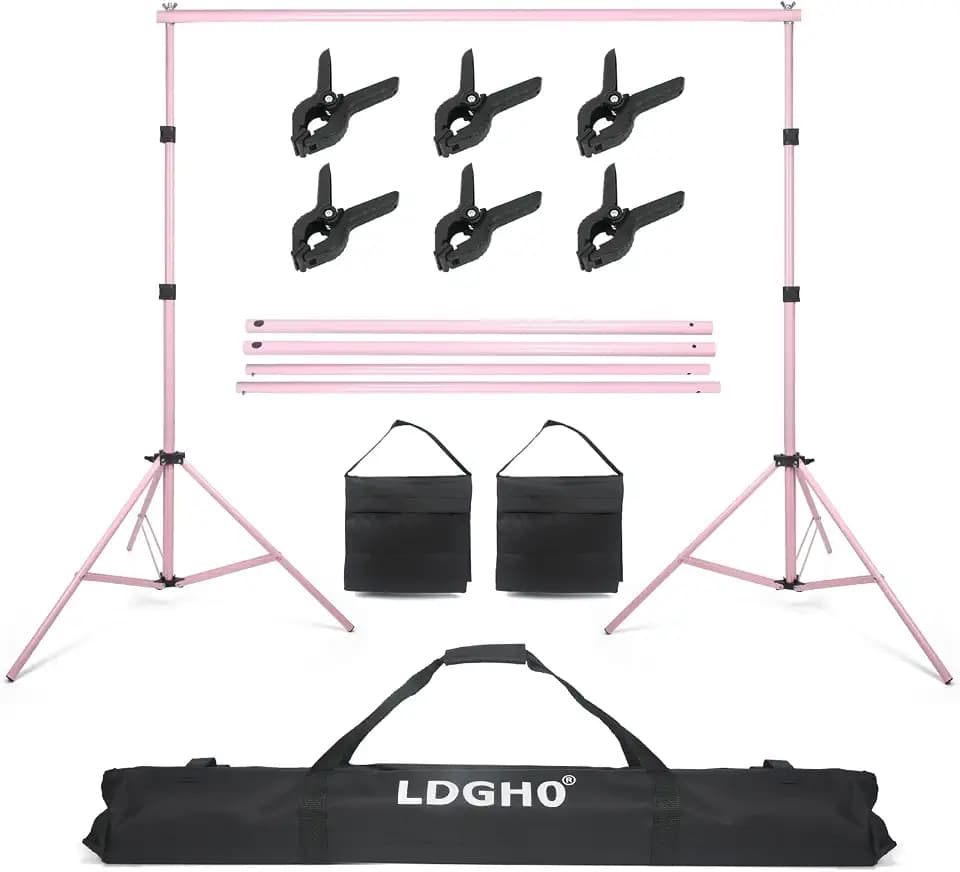 Backdrop Stand 10x7ft(WxH) Photo Studio Adjustable Background Stand Support kit with 2 Crossbars, 6 Clamps, 2 Sandbags and Carry Bag for Parties, Events Decoration, Wedding, Photography (Pink)
