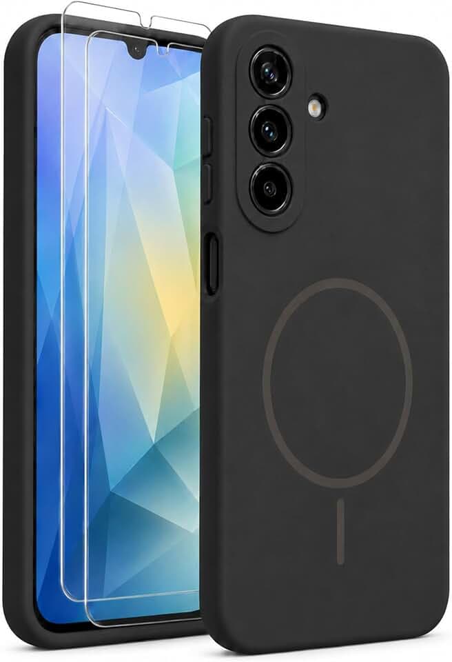 Magnetic for Samsung Galaxy A17 5G Case, Silicone Phone Case with 2 Screen Protectors, Integrated Raised Camera Protection, Shock-Absorbing Drop Protection, Black