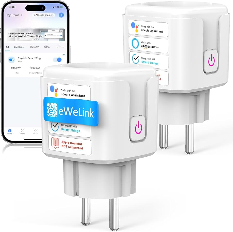 SURFOU WLAN Steckdose mit Zeitschaltuhr & Strommessgerät, Smart Plug 16A mit App Steuerung, Sprachsteuerung, Timer, für Alexa & Google Home, 2.4GHz WiFi, Fernzugriff, Kein Hub erforderlich, 2 Stück