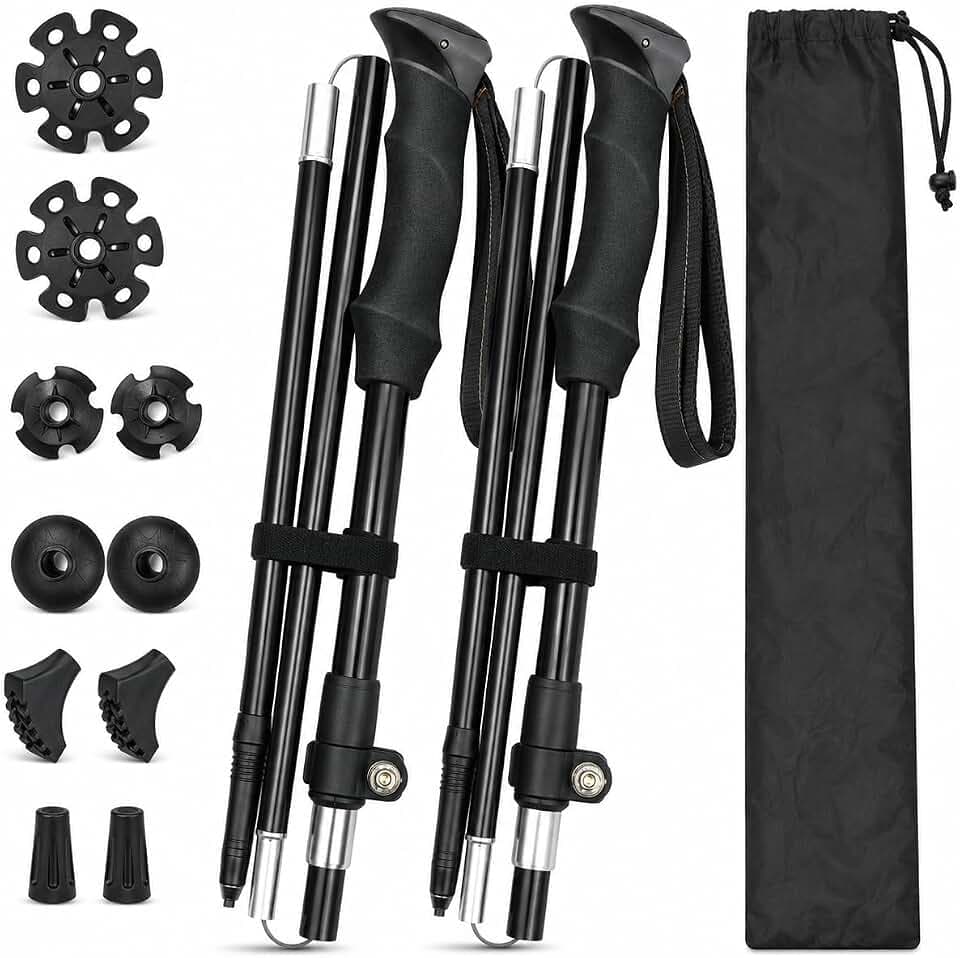Wanderstöcke Faltbar, Nordic Walking stöcke Damen und Herren, Aluminium Trekkingstöcke Teleskop, Wanderstock Verstellbar 110cm-135cm, mit Gummipuffer und Tragebeutel Geeignet für Bergsteigen