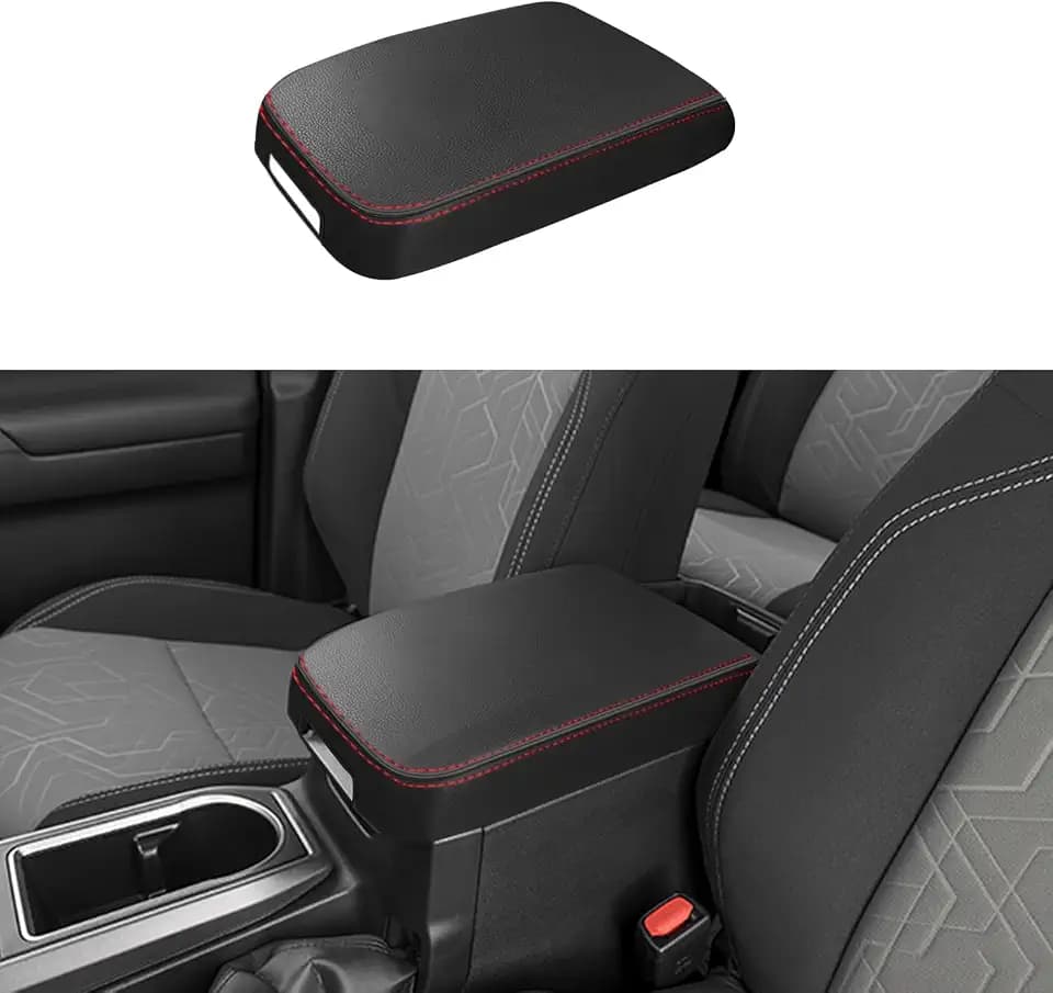 Car Center Console Armrest Cover for Toyota Tacoma 2016 2017 2018 2019-2023 Leather Anti-Scratch Central Arm Rest Box Lid Seat Cover Protector Cushion Saver Interior Accessories(Red Stitches)