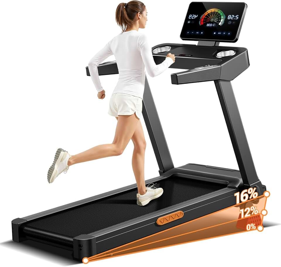 UMAY Laufband für Zuhause mit Steigung 16%, 14KM/H Laufband Klappbar mit Pulsmessung, Treadmill for Home mit leisem 3,5-PS-Motor, LED-Anzeige, Max Belastung 180KG, Leicht