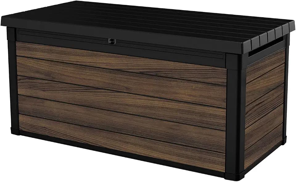 Keter Signature Collection 150 Gallon Resin Deck Box Organization and Storage for Patio Outdoor Cushions, Throw Pillows, Garden Tools and Pool Supplies, Rosewood
