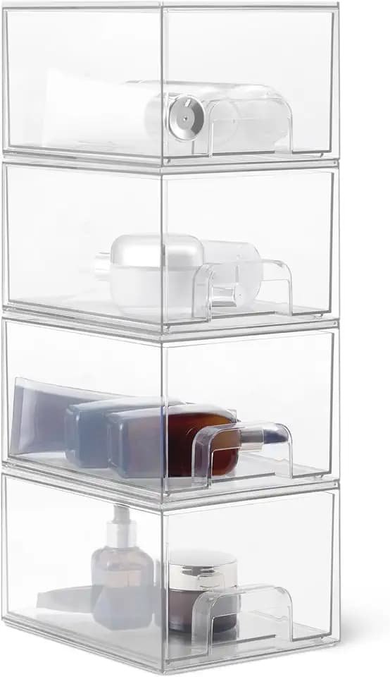 Amazon Basics Stapelbare Aufbewahrungsschubladen aus Kunststoff, Aufbewahrungsbox, Make-up-Organizer, Transparent, 19,1cm x 15,2cm x 11,4cm, 4er-Pack