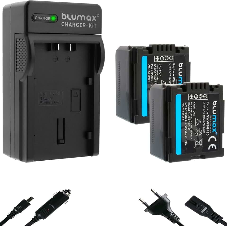 2X Blumax Akku kompatibel mit Panasonic VW-VBG130 VW-VBG130E-K [1100mAh] + Charger VW-VBG70 VW-VBG070 VW-VBG260 VW-VBG260E VW-VBG260PPK