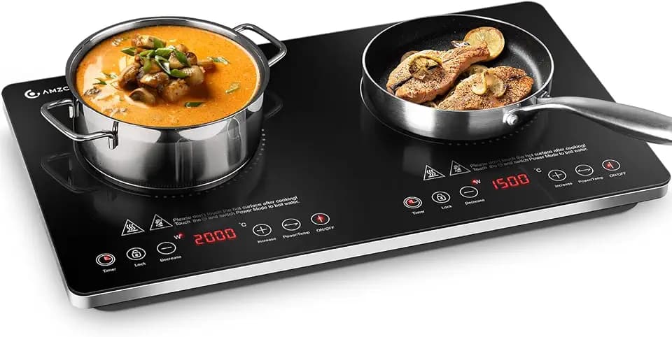 AMZCHEF Induktionskochfeld 2 Platten Freistehend, Induktionskochplatte 2 Platten 3500W mit Unabhängigen Steuerungen, 20 Temperaturstufen, mehrere Leistungseinstellungen, 4-Stunden-Timer