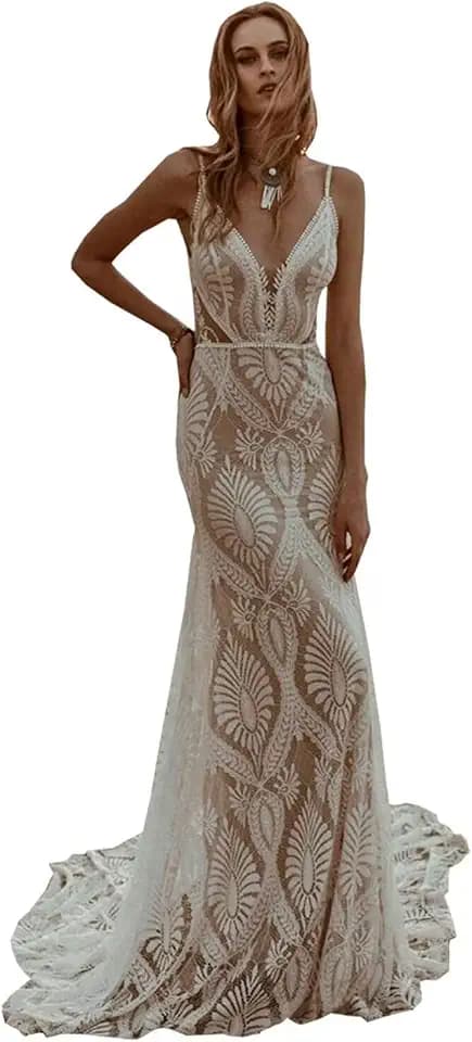 Lace Mermaid Wedding Dresses for Bride Boho Long Sleeve Satin Beach Bridal Dress or Bride
