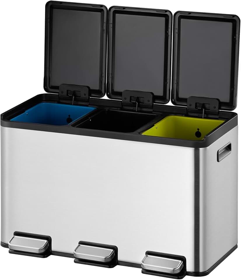 EKO Recycelbarer Mülleimer, 10 l + 10 l, mit Pedal, Edelstahl, Anti-Fingerabdruck, für Küche, Doppelfach, Abfalleimer mit Absenkautomatik