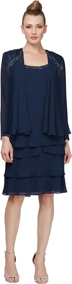 S.L. Fashions Women's Mother of The Bride Tiered Jacket Dress with Shoulder Embellishment