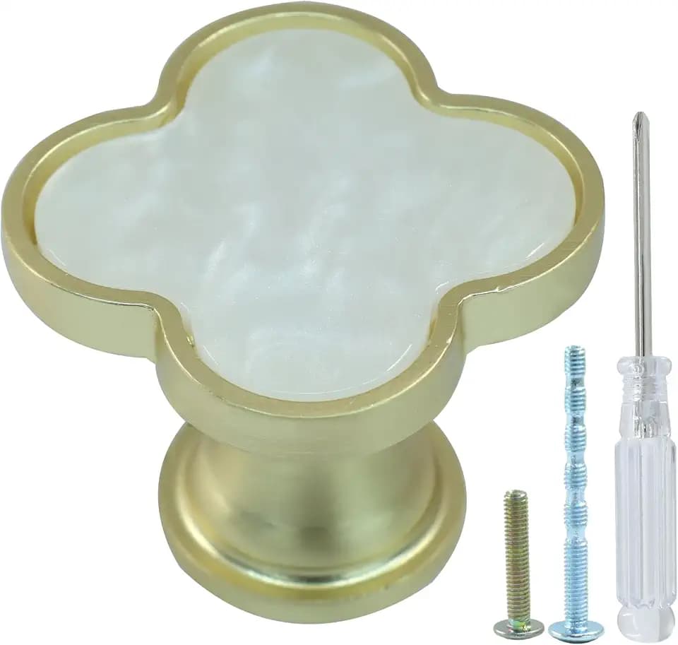 Hordion 6 Pcs Clover Cabinet Knobs, Four-Leaf Handle Single Hole Pull White