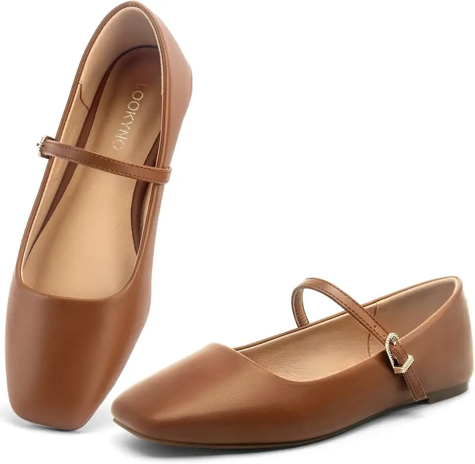 Womens Mary Jane Flats Closed Toe Buckle Strap Square Toe Ballet Flats