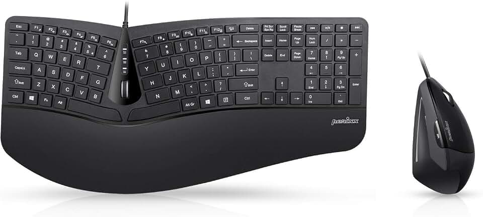 Perixx Periduo-505, kabelgebundene USB-Tastatur und vertikale Maus, Kombination mit Verstellbarer Handballenauflage und kurzen taktischen Membran-Tasten, US-Layout