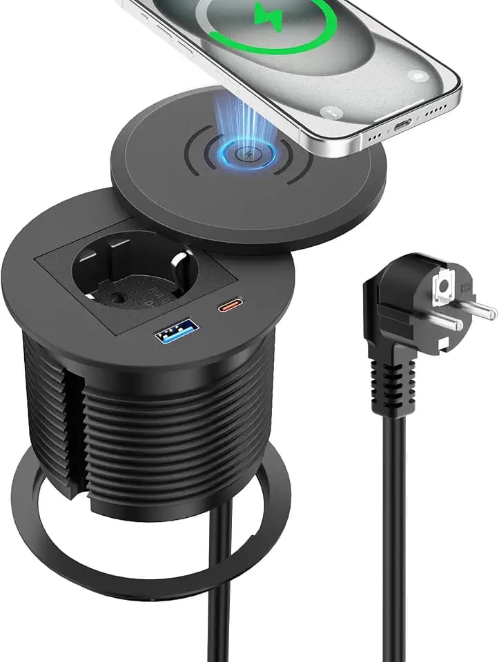 Einbau Steckdose mit 15W kabellosem Laden & USB-C PD 30W, Versenkbare Tischsteckdose für Küche & Arbeitsplatte, 2m Kabel, Schwarz