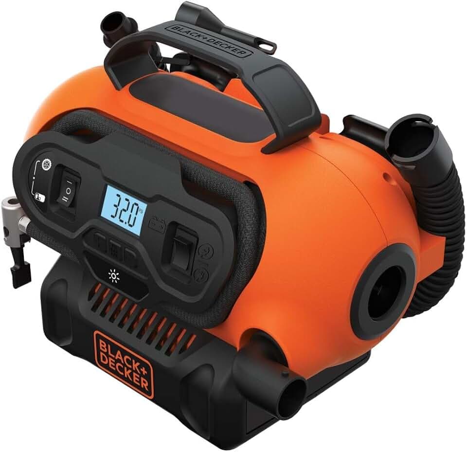 BLACK+DECKER Druckluft Kompressor Flüsterkompressor Akku Luftpumpe 11 Bar (mögliche Stromquelle: 12V-/230V-Anschluss oder 18V Akku, 160PSI, für Reifen, Bälle, Rollstühle) BDCINF18N