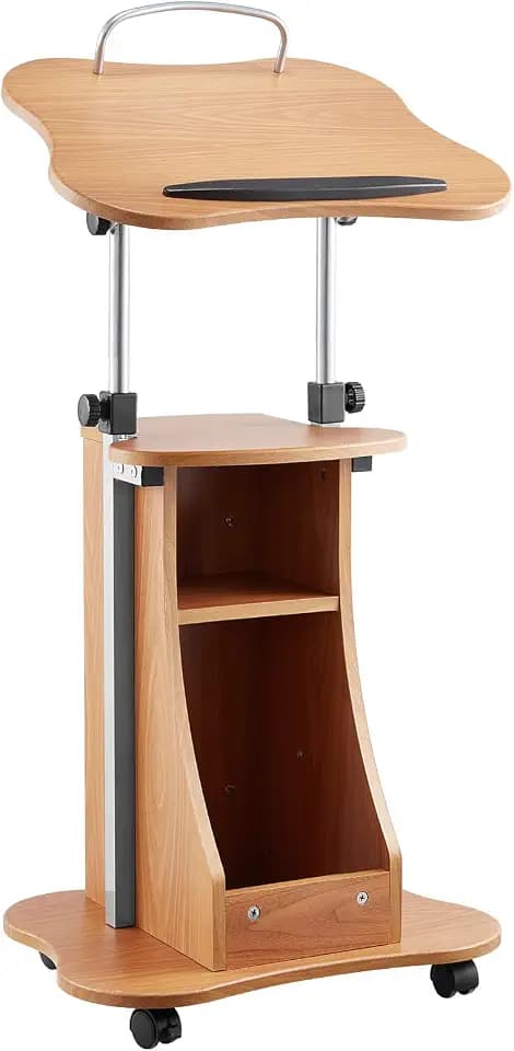 VEVOR Podium Stand, 43-Inch Wooden Lectern, Portable Laptop Desk with Lockable Wheels, Wide Reading Surface and Open Storage Area, Adjustable Height and Angle, for Speeches, Lectures, or Presentations