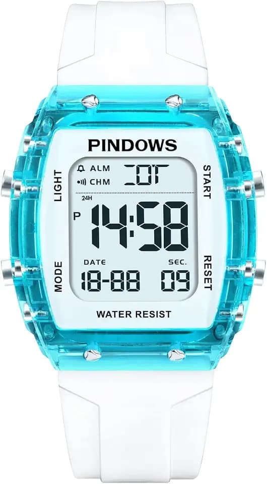 PINDOWS Women's Digital Sport Watch, Clear Transparent Case, Bright LED Light, 5ATM Water Resistant, Stopwatch Alarm Dual Time, Stylish Watch for Active Women&Teens