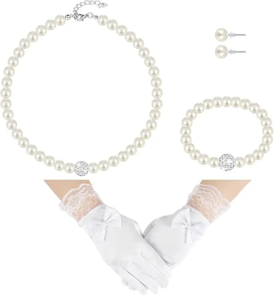 Geyoga 4 Pcs Pearl Necklace Set for Little Girls Toddler Girls Jewelry Communion Gloves for Kids Christmas Tea Party Wedding