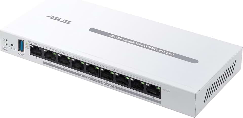 ASUS ExpertWiFi EBG19P Gigabit PoE+ VPN Wired Router, 8 PoE+ Ports, 123W, Up to 3 WAN ethernet Ports+ 1 USB WAN, Perfect for APs, Commercial-Grade Network Security, Easy Management ExpertWiFi app