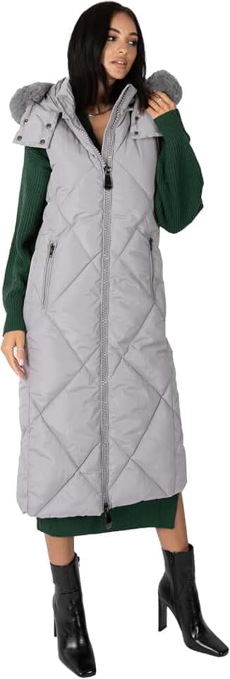 Lovedrobe Damen Women's Long Gilet Ladies Winter Jacket Faux Fur Hooded Quilted Body Warmer Padded Sleeveless Coat Outerwear Anzug Weste