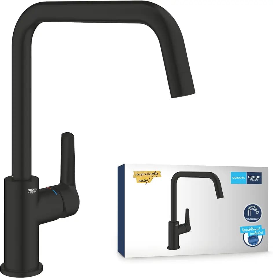 GROHE Start, Küchenarmatur (Wasserhahn für die Küche, 150° schwenkbar, wassersparende Spültischarmatur dank variabler Mengenbegrenzung, werkzeugfreie Spülbecken-Montage), schwarz, 304702430
