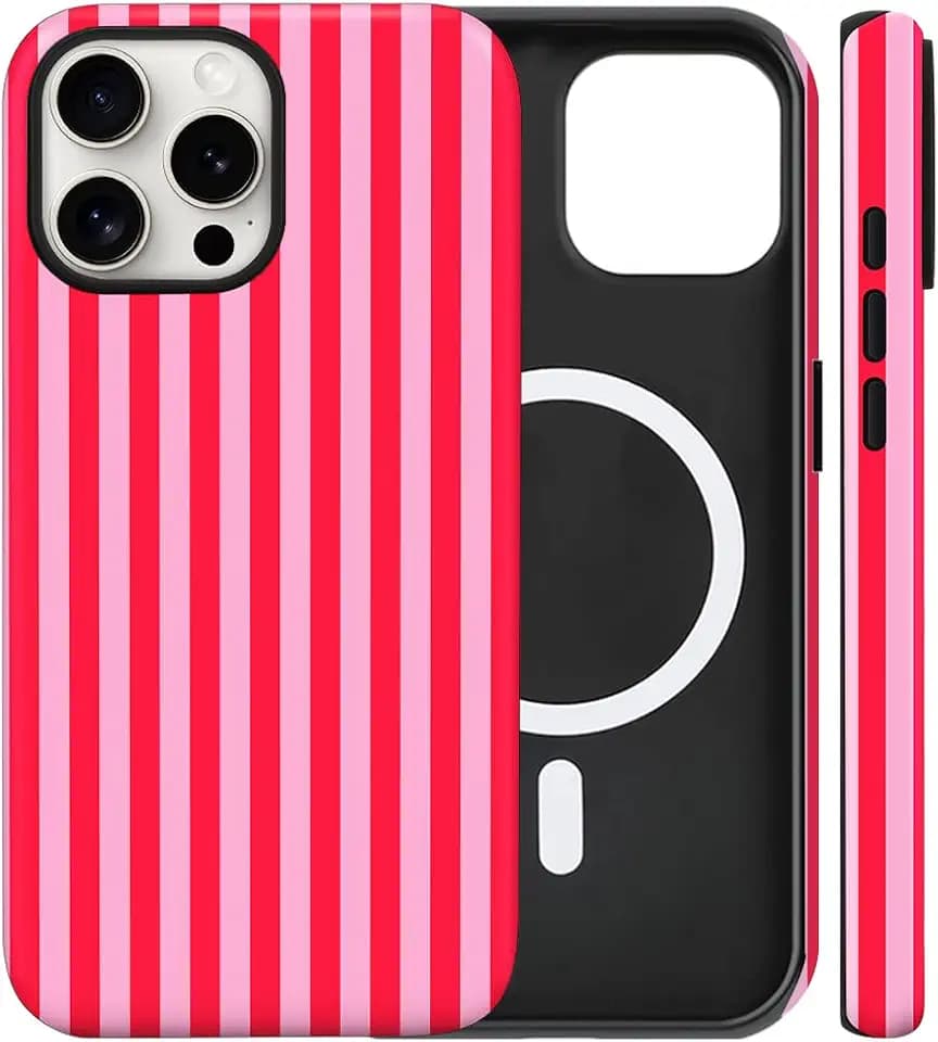 Magnetic for iPhone 13/14 Case Cute Stripes Phone Case, Red&Pink