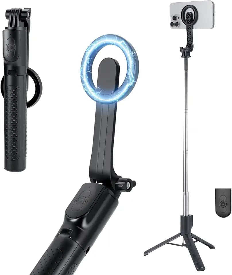 Selfie Stick Magnetisch, Mini Stativ für Smartphone, Handy Stativ mit Fernauslöser und Zwei Magnetringen, Handystativhalter kompatibel mit iOS, Android und Huawei für Selfies, Vlogging und Videoaufnah