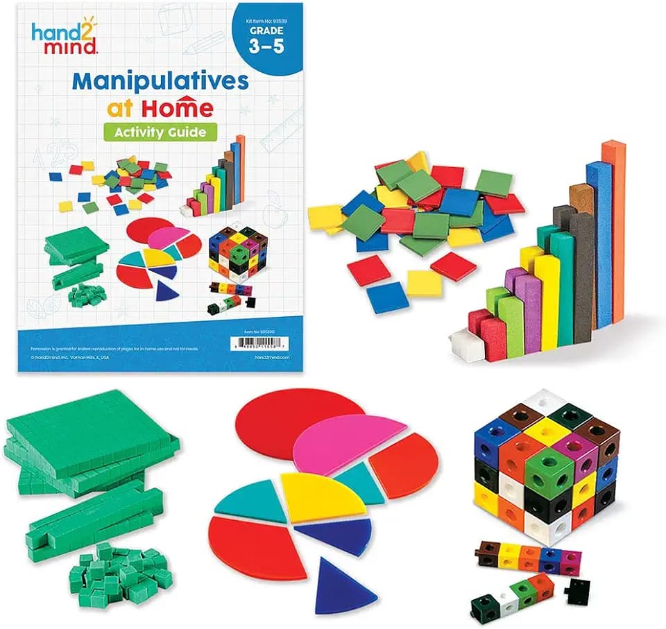 hand2mind - 93539 Take Home Math Manipulatives Kit for Kids, with Snap Cubes, Base Ten Blocks, Cuisenaire Rods, Angle Circles, and Color Tiles, Kindergarten Homeschool Supplies (293 Pieces)