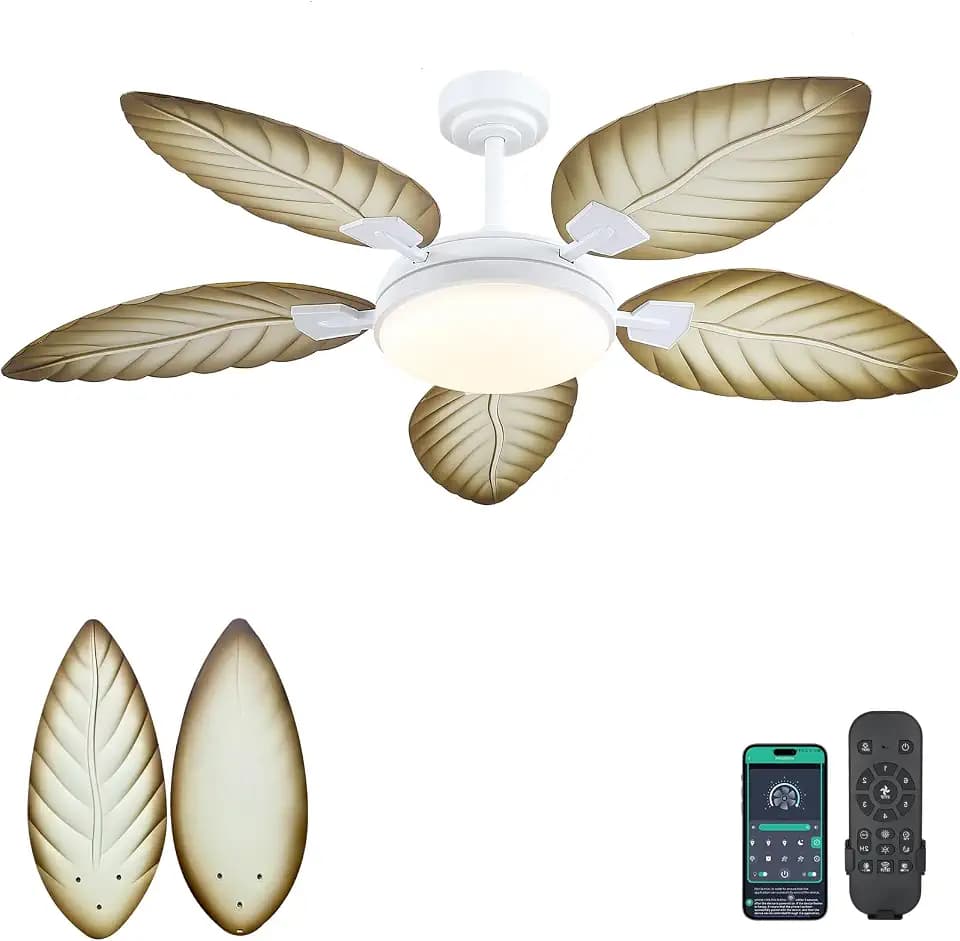PHORUS 52" Tropical Outdoor Palm Leaf Ceiling Fans with Lights and Remote