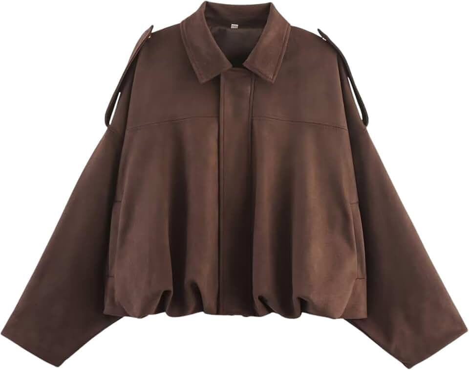 WOWULOVELY Women's Faux Suede Bomber Jacket Lapel Pilot Motorcycle Coat Spring Long Sleeves Trendy Streetwear Outerwear