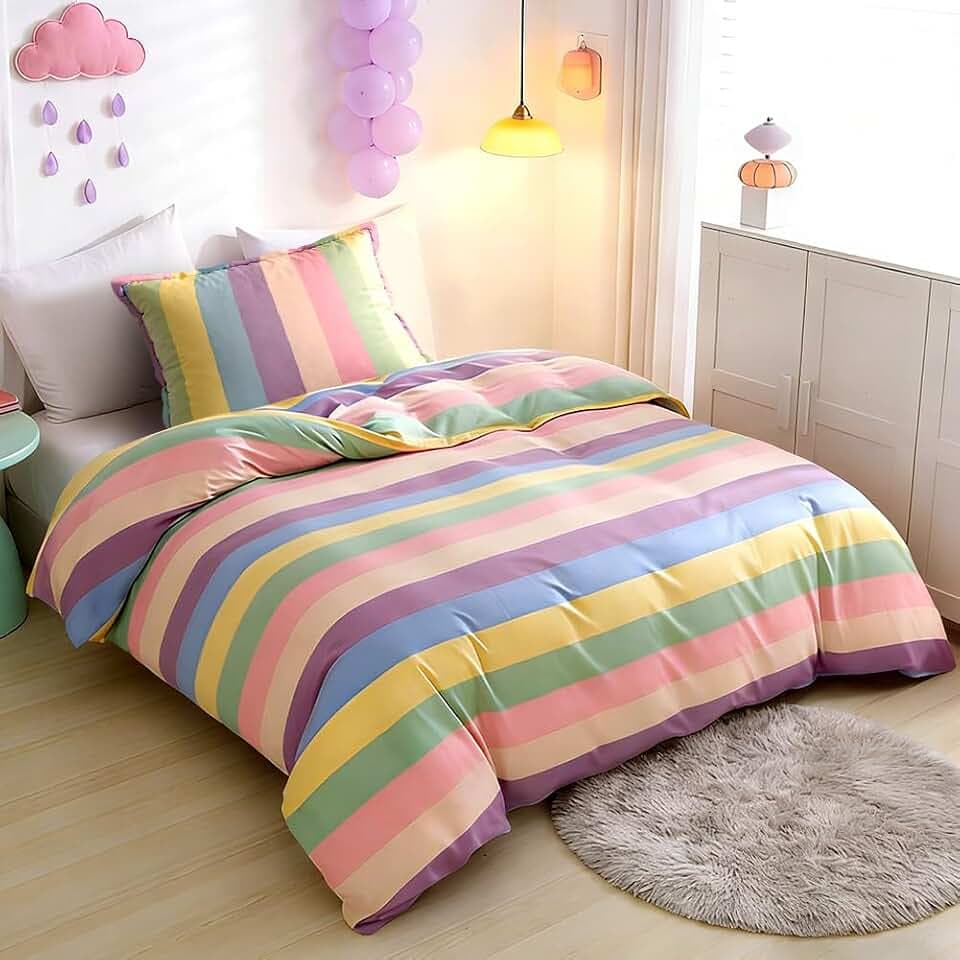 Kinder Bettwäsche Set 135x200, Mädchen Bettwäsche Kinderbettwäsche Mehrfarbig Regenbogen Streifen Bettwäsche mit Kissenbezug 80x80cm, Schlafzimmer Geschenke Kinder