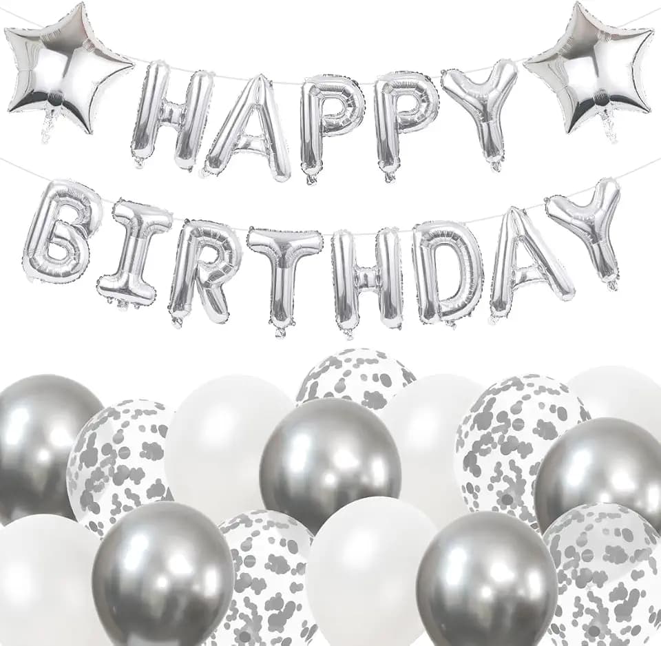 Luftballons Geburtstag Dekoration Silber, Happy Birthday Luftballon Girlande, Silber Luftballon Konfetti Ballons, Geburtstagdeko Folienballons, Happy Birthday Banner für Geburtstag Party Dekoration