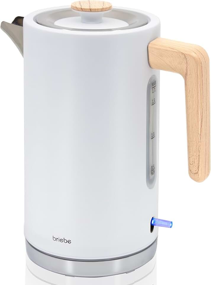 briebe Nordic Wasserkocher 1,7L Elektrischer Teekocher 2200W Schnell Aufheizender, BPA-frei, 360° Sockel, Strix Controller, Automatische Abschaltung, Kabellos, Nordisches Design, Holzoptik, Weiß