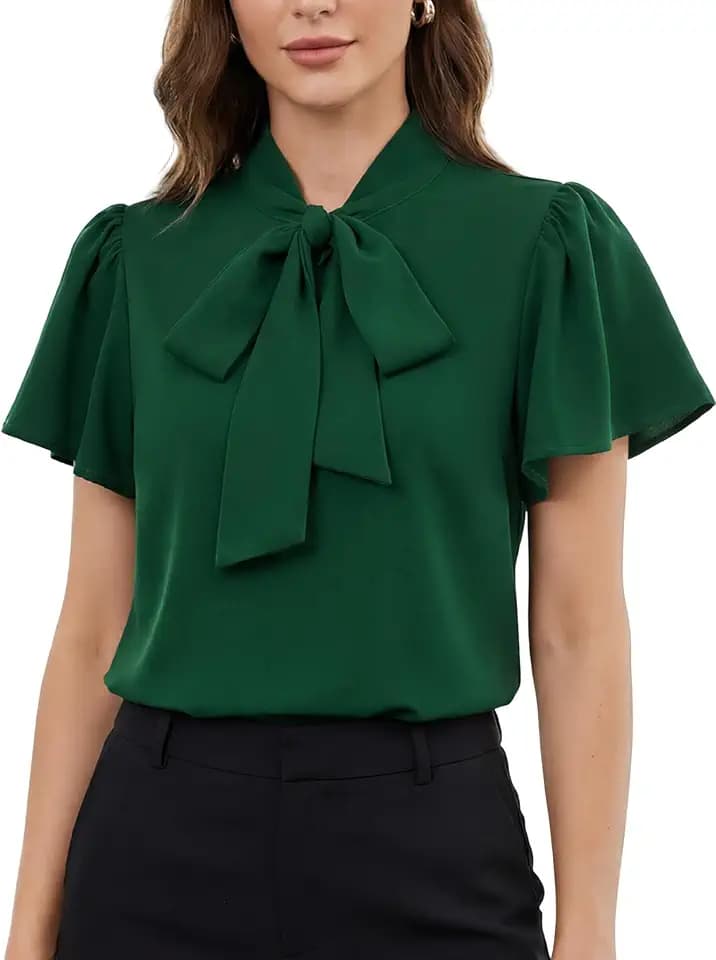 Women's Bow Tie Neck Blouse Ruffle Short Sleeve Work Shirt Top