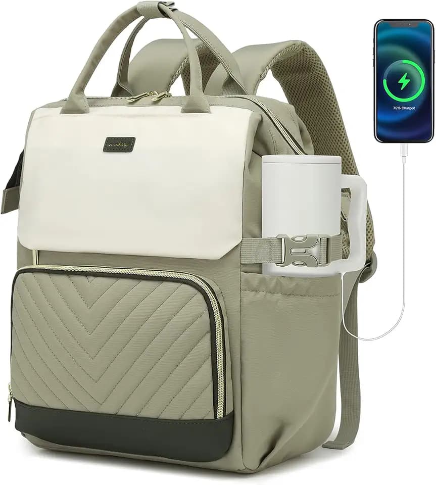 Laptop Backpack for Women, College Bookbag School Backpack for High School Teen Girls, Work Bags with Cup Holder & USB Charger for Teacher Nurse Travel, Beige Green