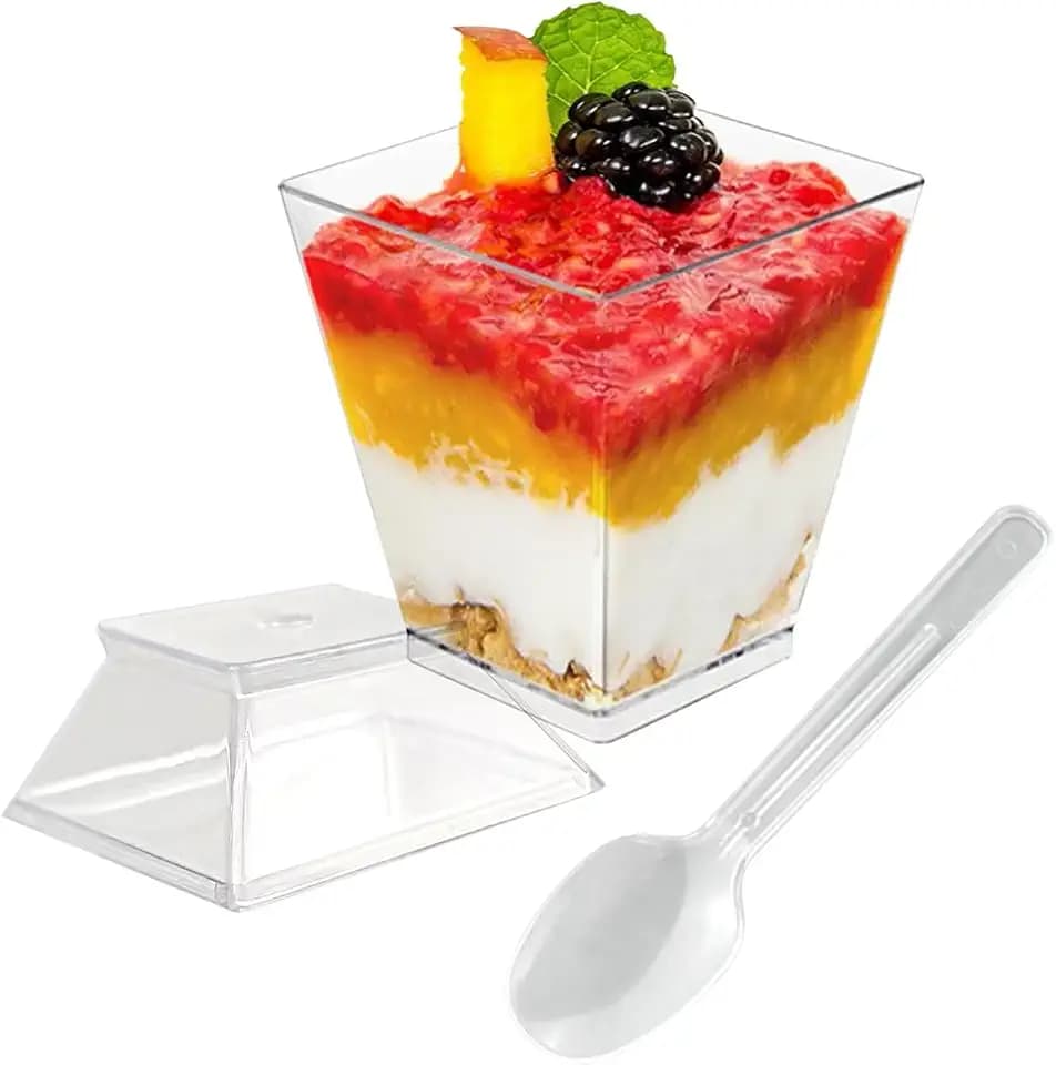 50 Pack 2 oz Square Clear Plastic Dessert Cups with Lids and Spoons, Parfait Cups, Appetizers, Puddings, Mousse ，Parfait Ice Cream (50, 2 oz)