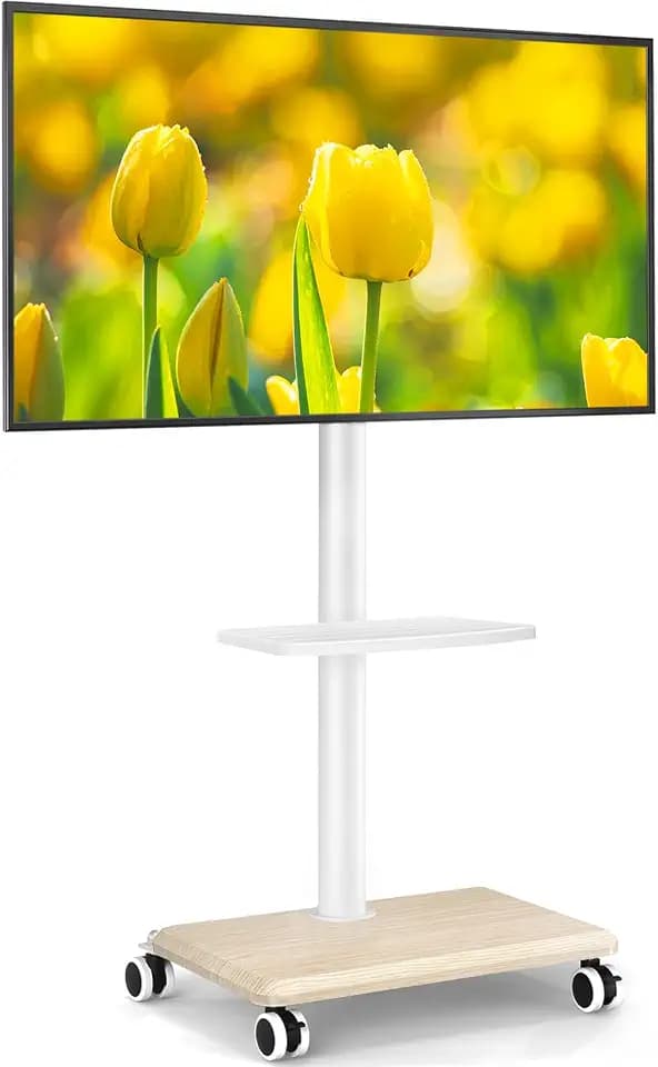 TV Ständer Rollbar mit Holzablage TV Stand Fernseher Ständer Rollbar Schwenk und höhenverstellbarer TV Standfüße auf für 27-60 Zoll TV, Mobiler TV Ständer bis zu 40 kg, max. VESA 400x400mm (Beige)