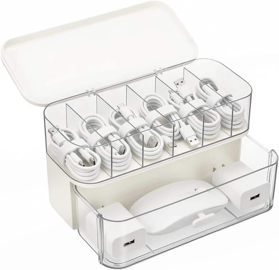 AiQInu 2 Stück Aufbewahrungsbox für Elektronikzubehör, Organizer mit Deckel & 6 Fächern, Ideal für USB, Ladekabel und meh