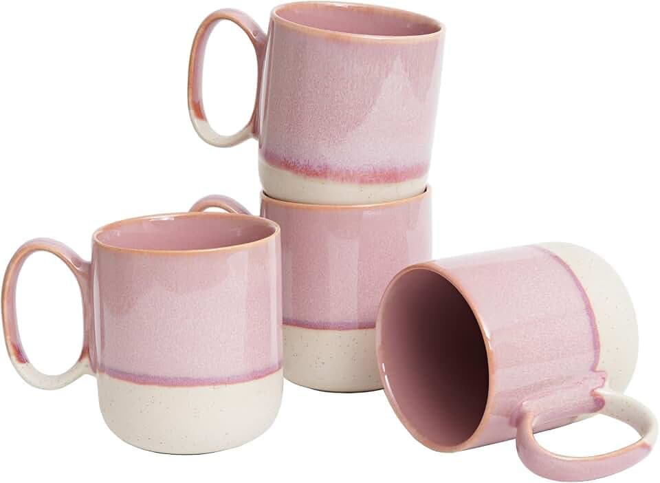 Bosmarlin Ceramic Coffee Mug Set of 4, 15 Oz, Coffee Cups with Big Handle, Microwave and Dishwasher Safe (Pink)