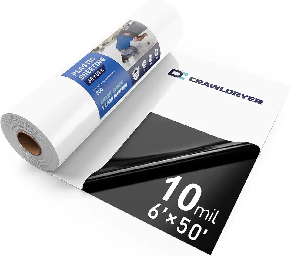Crawl Space Vapor Barrier, 10Mil Film, 6' x 50', Drop Cloth Vapor Barrier Covering for Crawl Space Encapsulation, Thick Plastic Sheeting, Black and White Panda Film, Heavy Duty Polyethylene Film