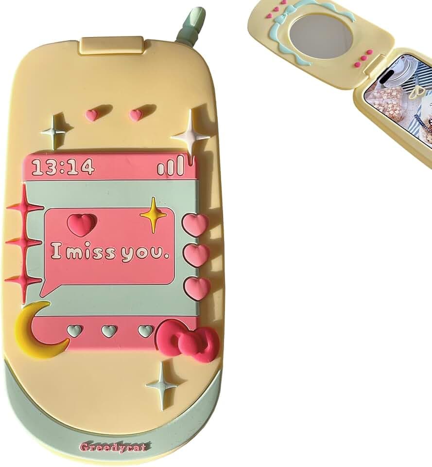 Mirror Case Compatible with iPhone 13 Pro Max，Cute Kawaii 3D Cartoon Retro Phone Cover Fun Soft Rubber Shockproof Protector for Women Girls-Flip Yellow