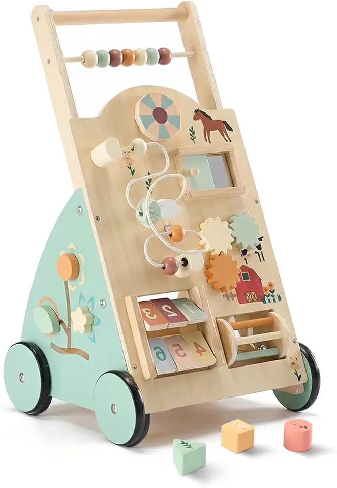 NEWBULIG Wooden Baby Walker for First Steps, Adjustable Speed Push Walker with Montessori Activity Center, Silent Universal Wheels Baby Walking Toys, Natural Wood