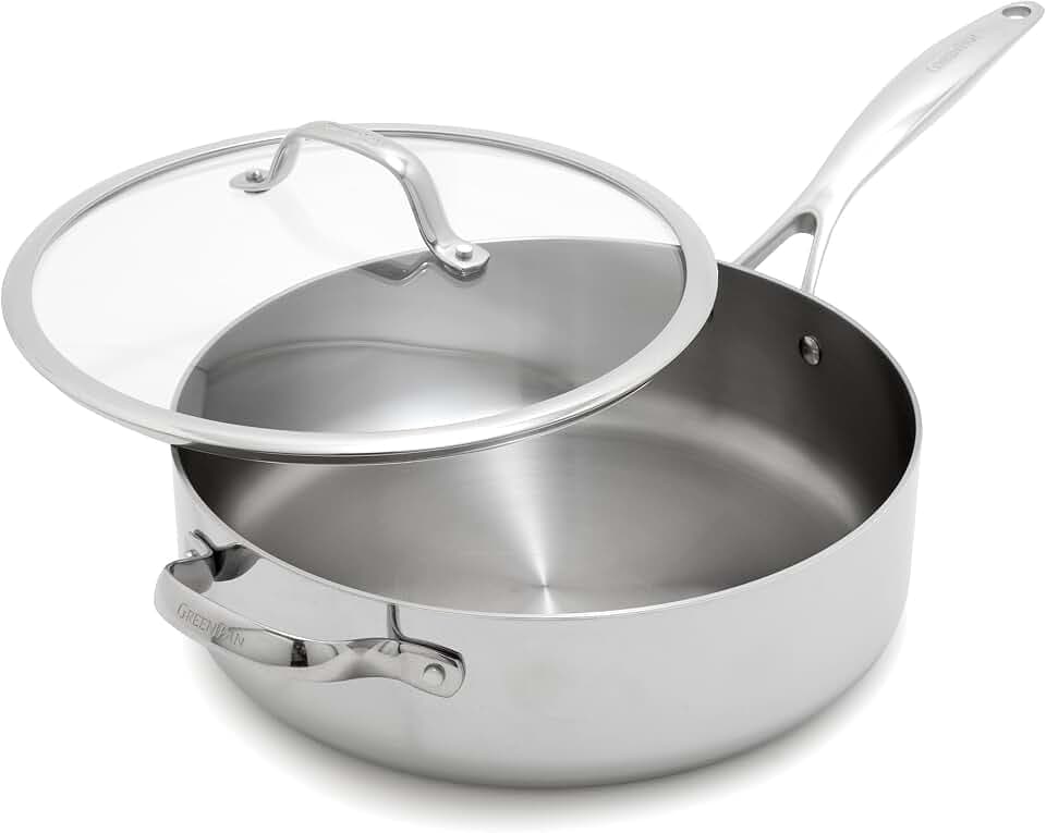 GreenPan Valencia Pro Tri-Ply Stainless Steel 5QT Sauté Pan with Lid, Induction Ready Cookware, All Cooktops, Sauce Pot, Mirror Finish, Dishwasher & Oven/Broiler Safe to 600F
