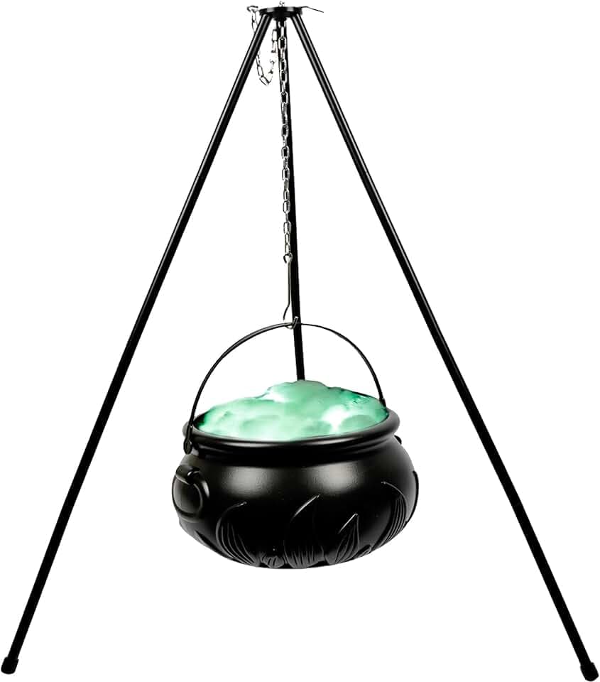 Halloween Large Plastic Witches Cauldron on Tripod with String Lights Black Witch Cauldron Kettle for Halloween Indoor Outdoor Home Yard Decoration