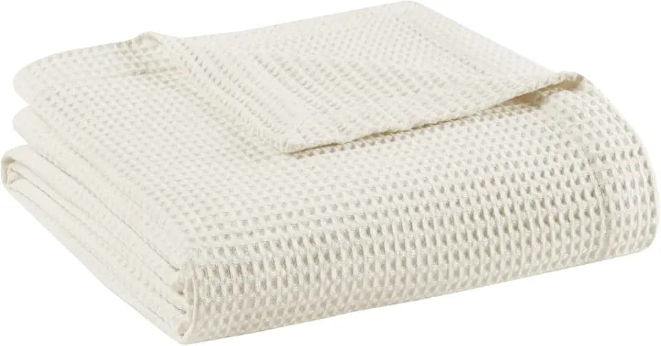 Madison Park Waffle Weave Blanket Cotton All Season for Summer, King, Ivory