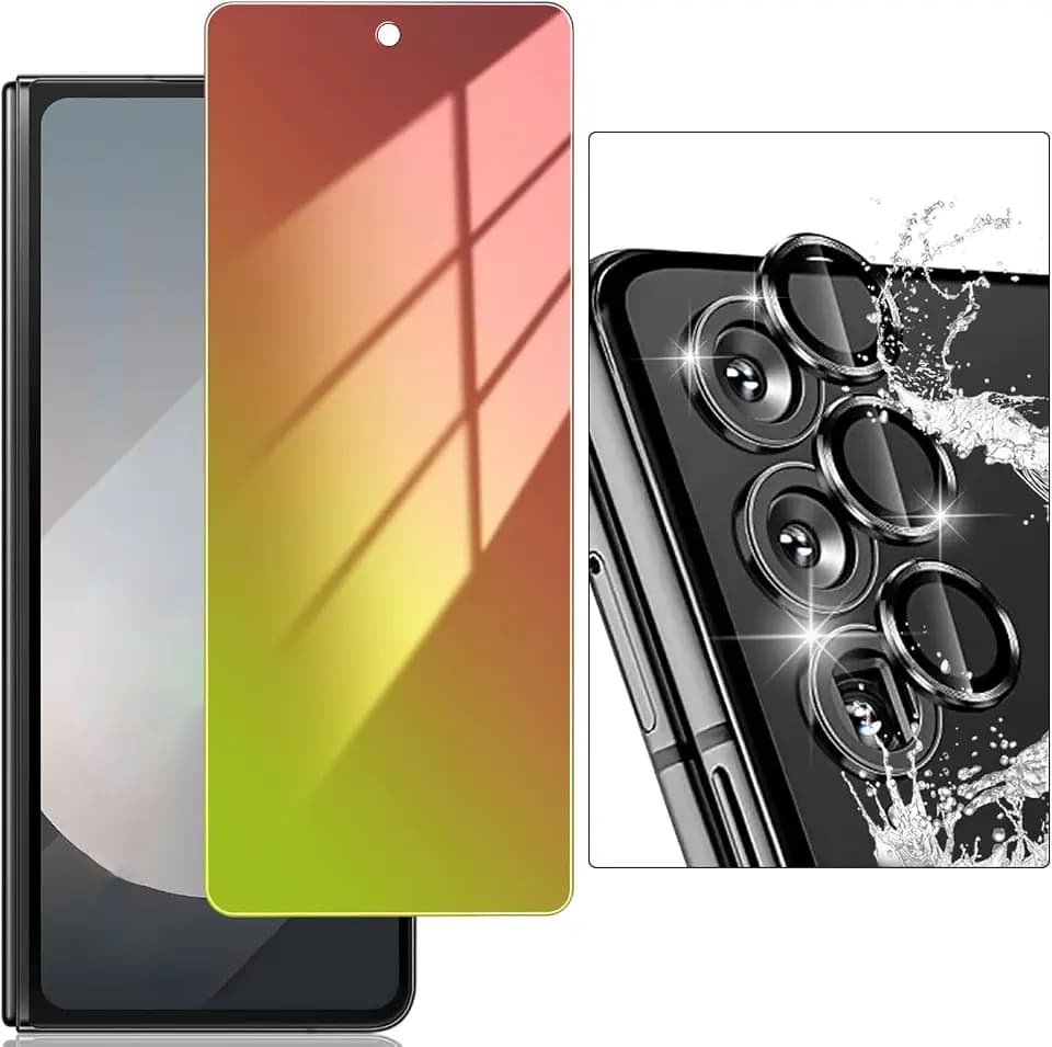 for Samsung Galaxy Z Fold 4 Screen Protector, Gradient Colorful Privacy Anti Blue Light Tempered Glass Front Screen Protector with Rear Metal Camera Lens Protector, Bubble Free Anti Scratch