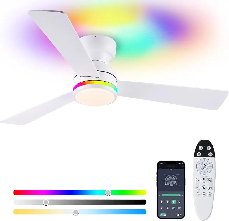 46" 3-Blade White Low Profile RGB Ceiling Fan with Light and Remote/APP