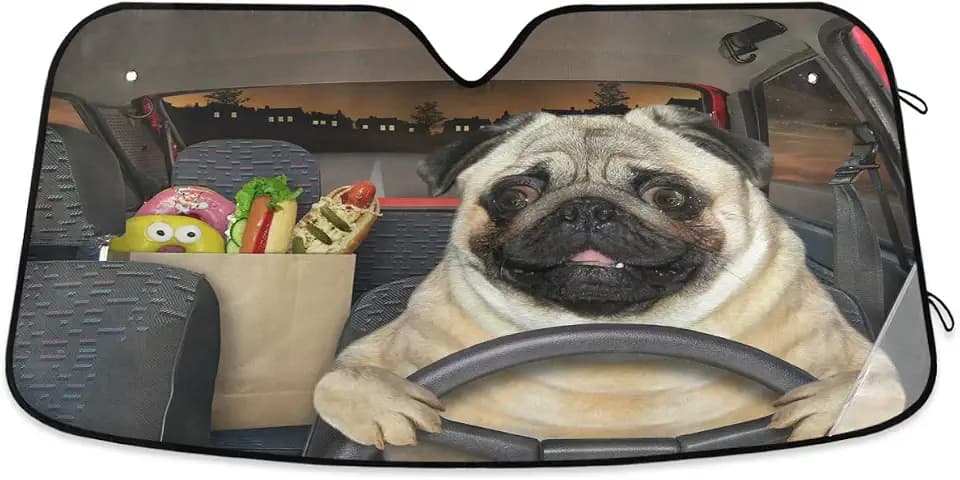 Fun Pug Dog Driving Car Windshield Sun Shade Foldable UV Ray Sun Visor Protector Sunshade to Keep Your Vehicle Cool (55" x 27.6")