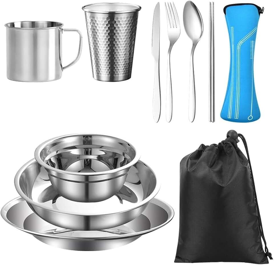REFORUNG Edelstahl Geschirr Set 7-teiliges Camping Picknick Besteck Campingbesteck Set 2 Personen Outdoor Reisebesteck mit Messer Gabel Löffel für Outdoor Geschirrset Reisen Wandern Camping Picknick